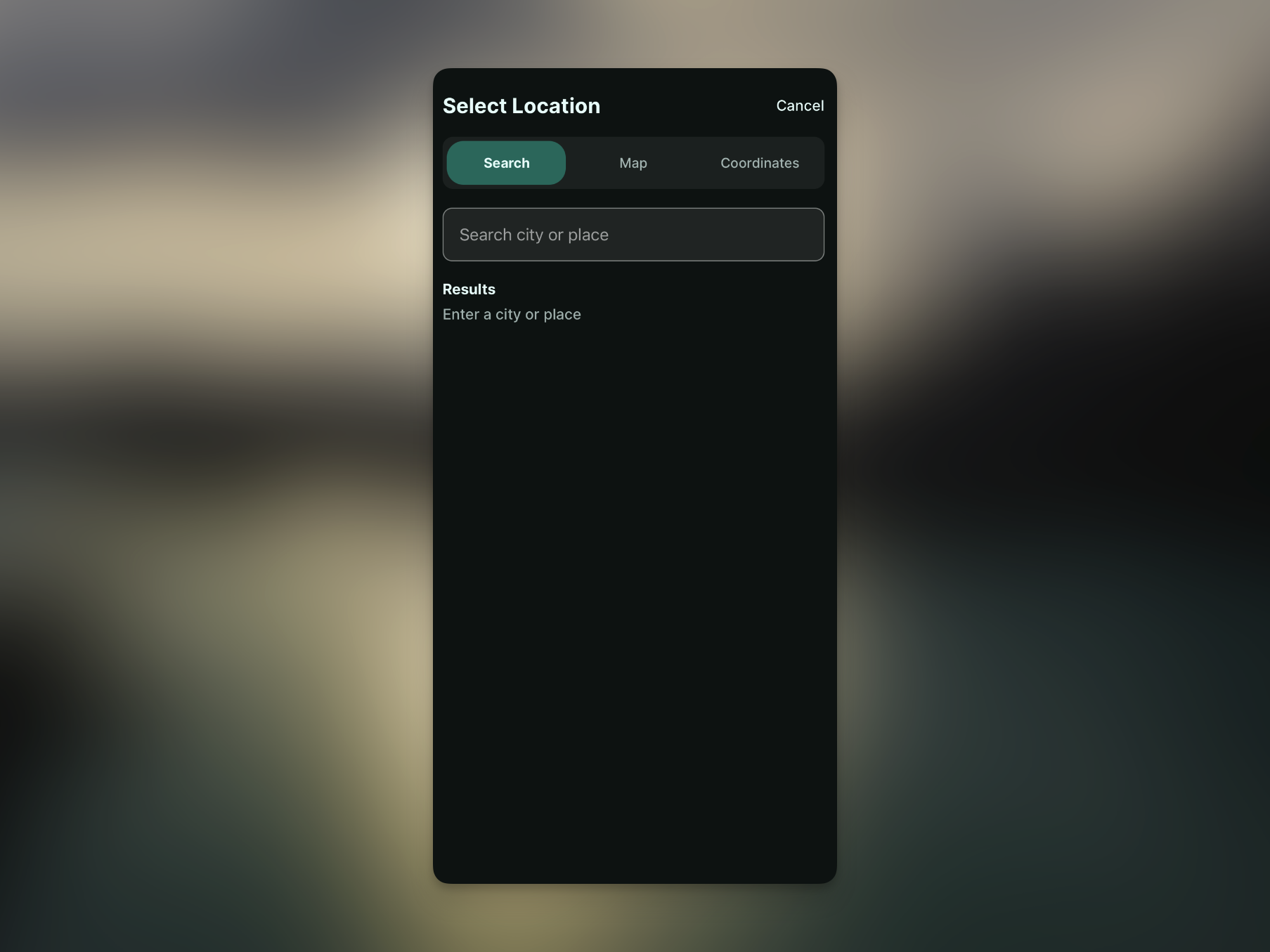 Select a location by searching a city or place