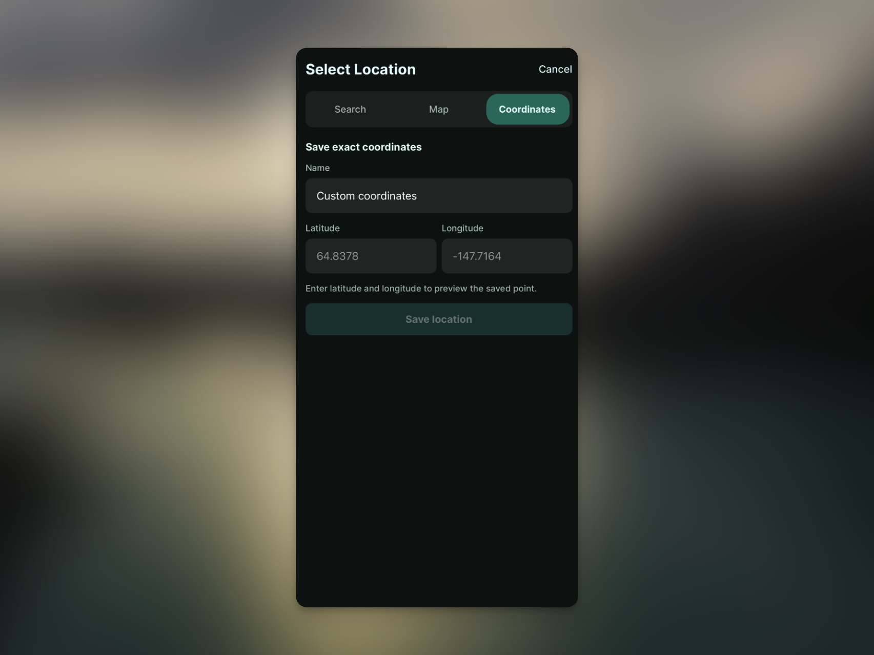Save a location by entering exact latitude and longitude