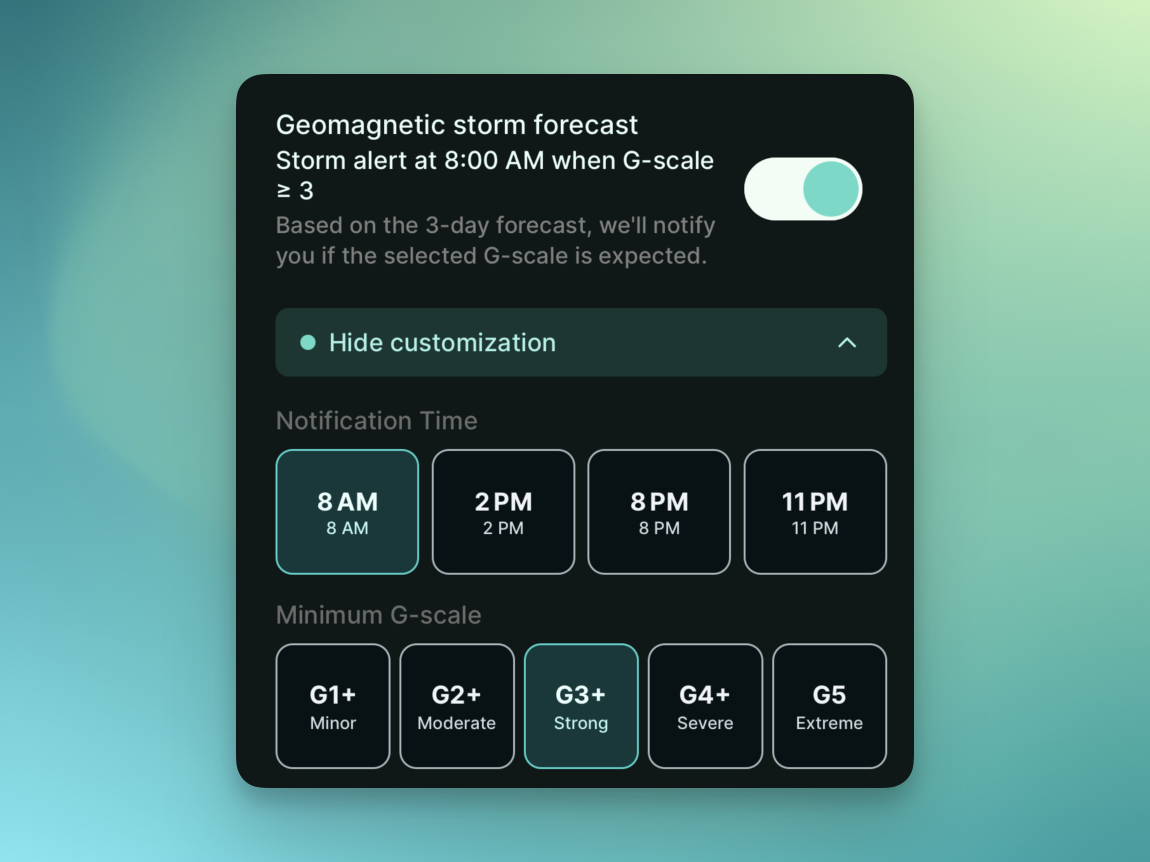 Aurora Eos geomagnetic storm forecast alert settings