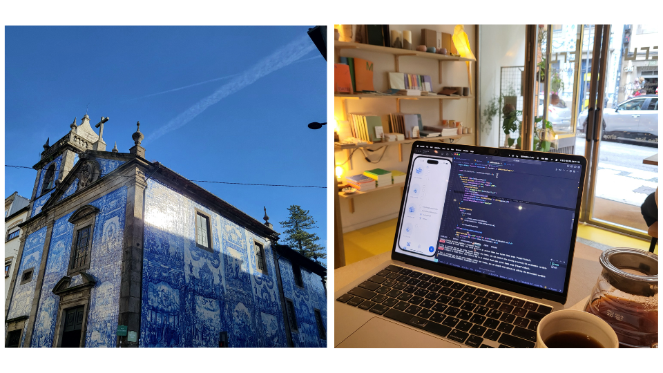 Travel scenery and a laptop set up for coding in a cafe