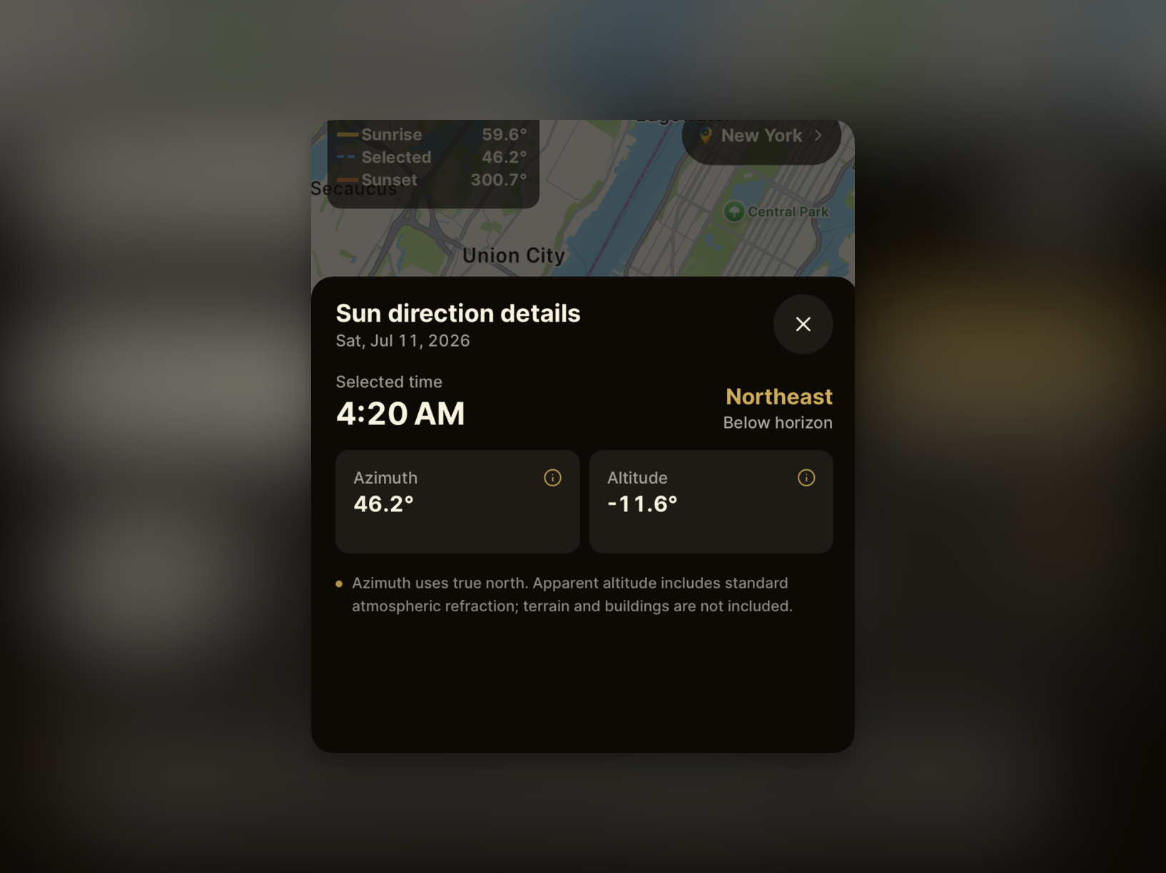 Golden Horizon Sun Direction details screen showing azimuth and altitude