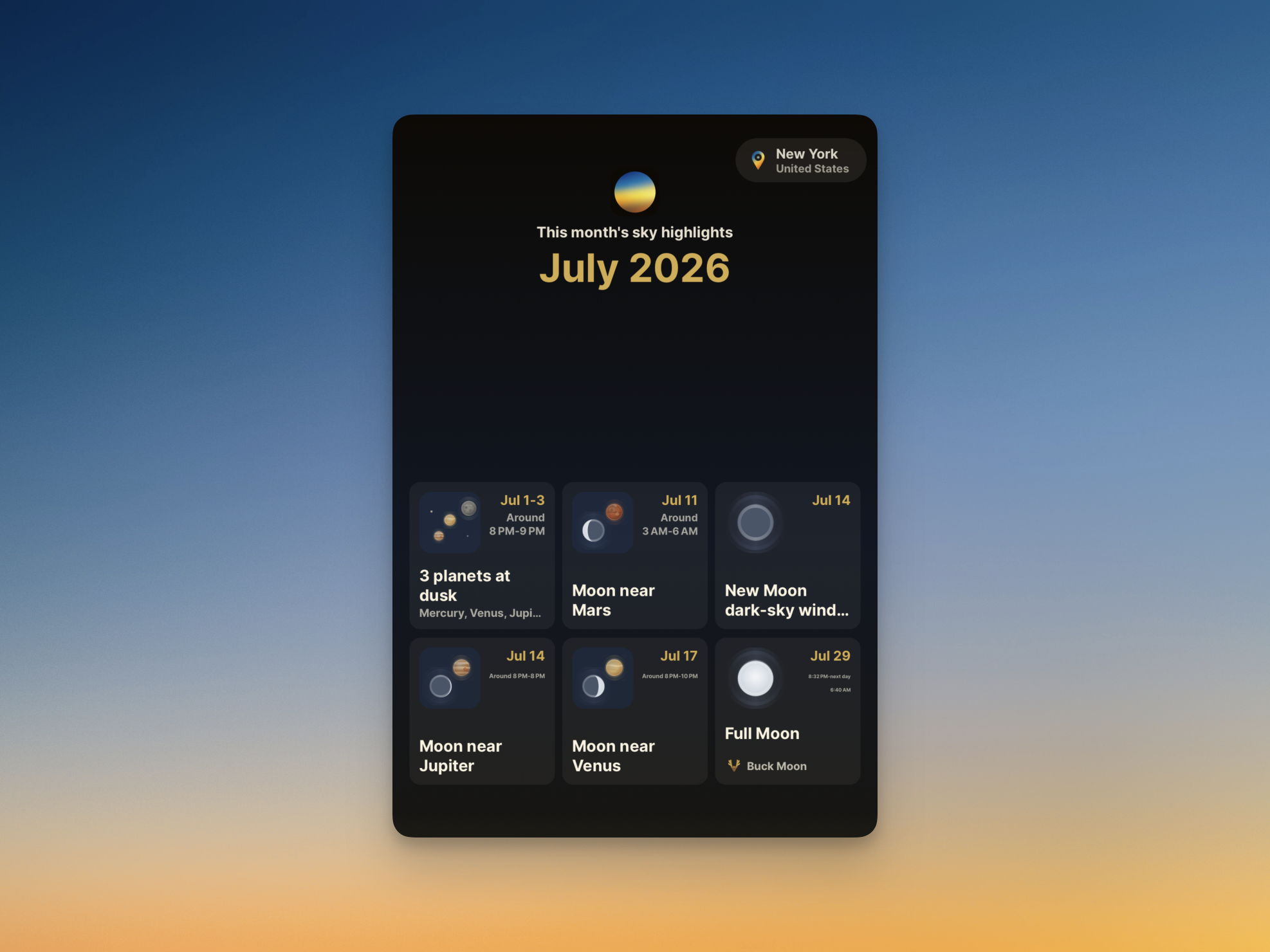 Monthly Highlights in Golden Horizon showing more astronomy events
