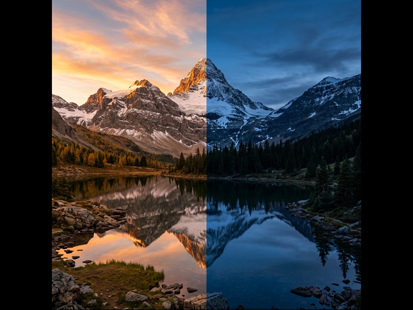 A split screen comparison of a mountain landscape during golden hour and blue hour