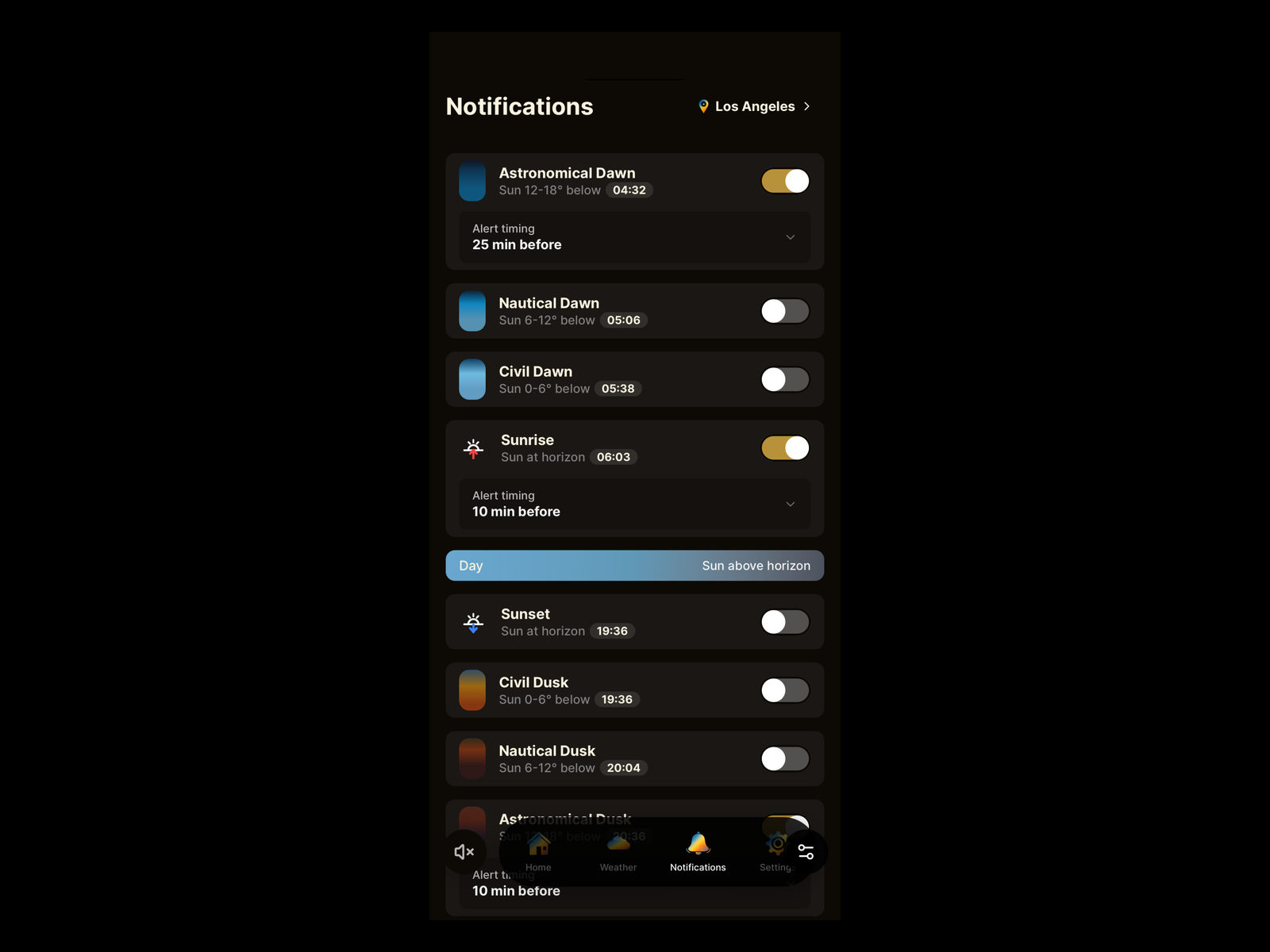 Golden Horizon detailed Light Alerts configuration screen