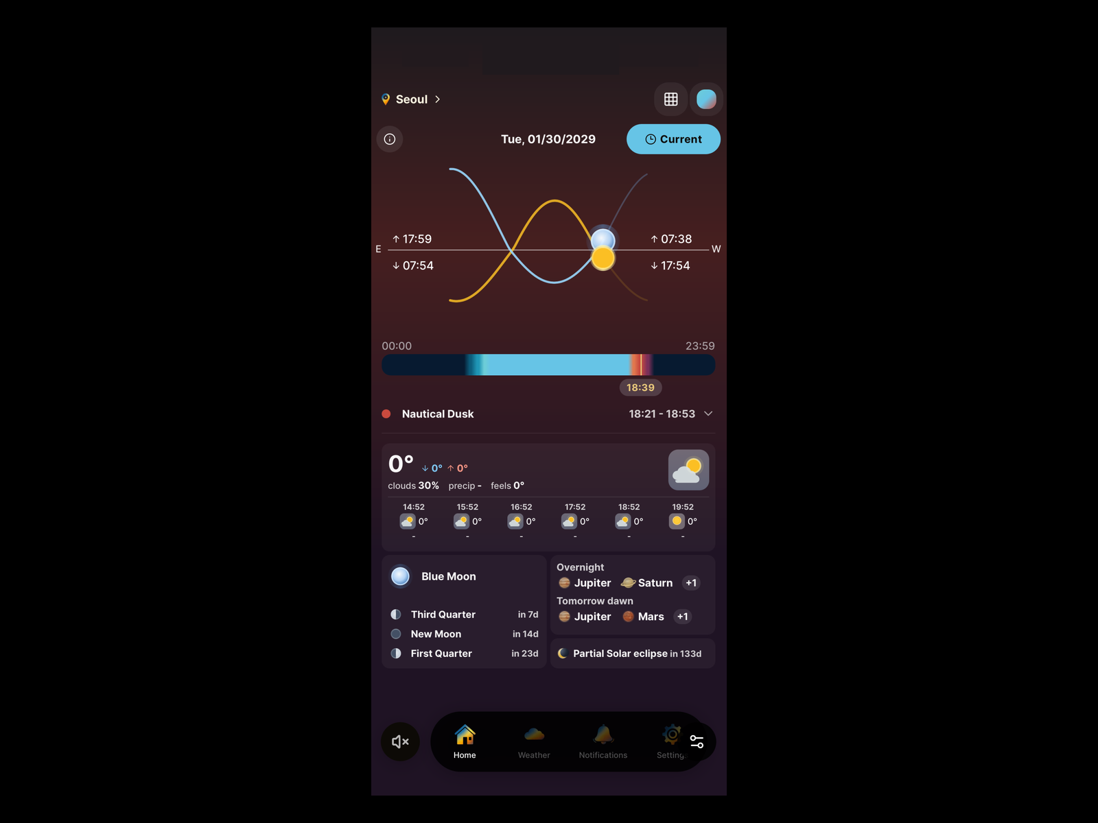 Golden Horizon app showing exact Golden and Blue hour timelines