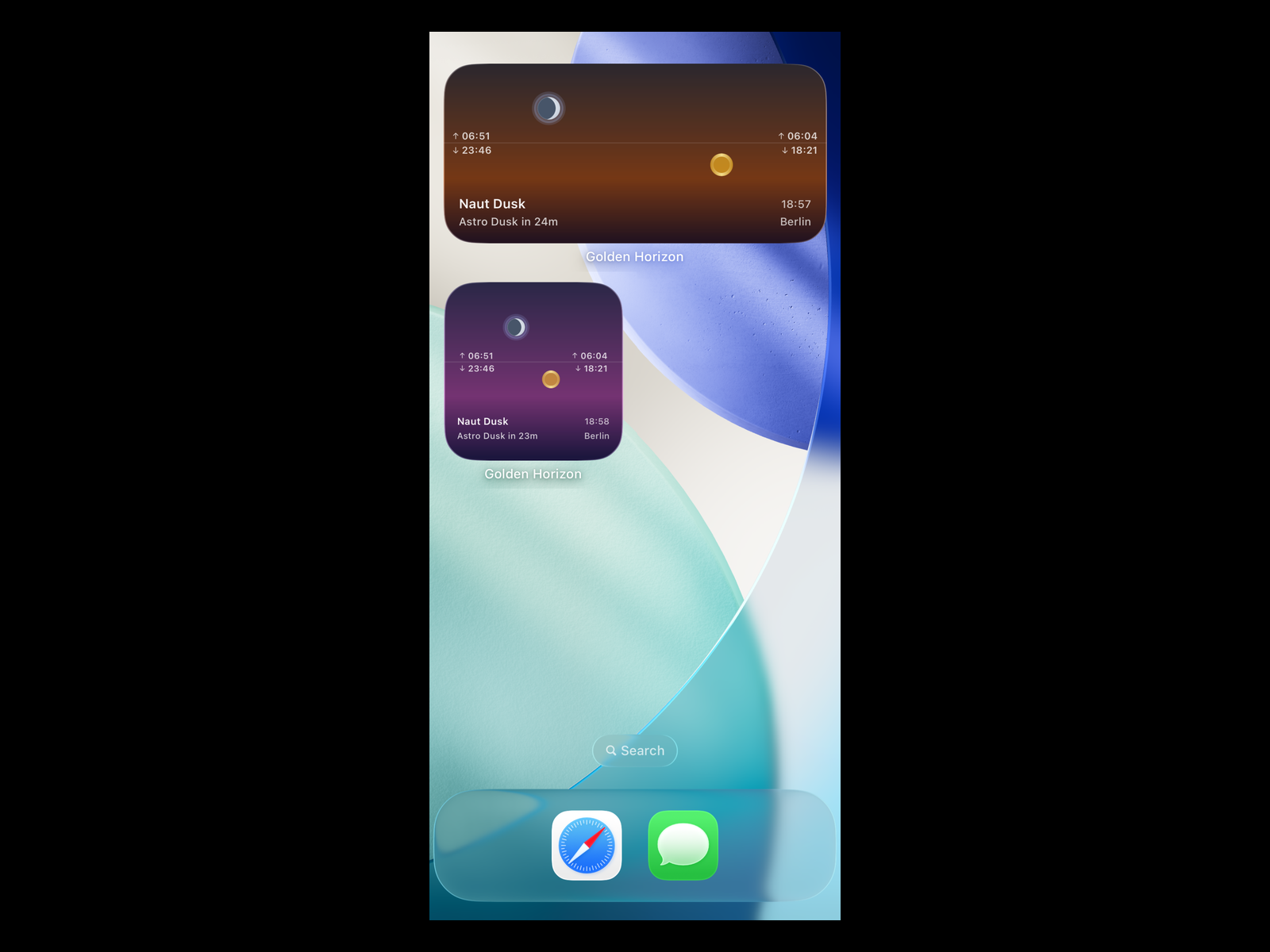 Golden Horizon home screen widgets showing sunset and moon phases