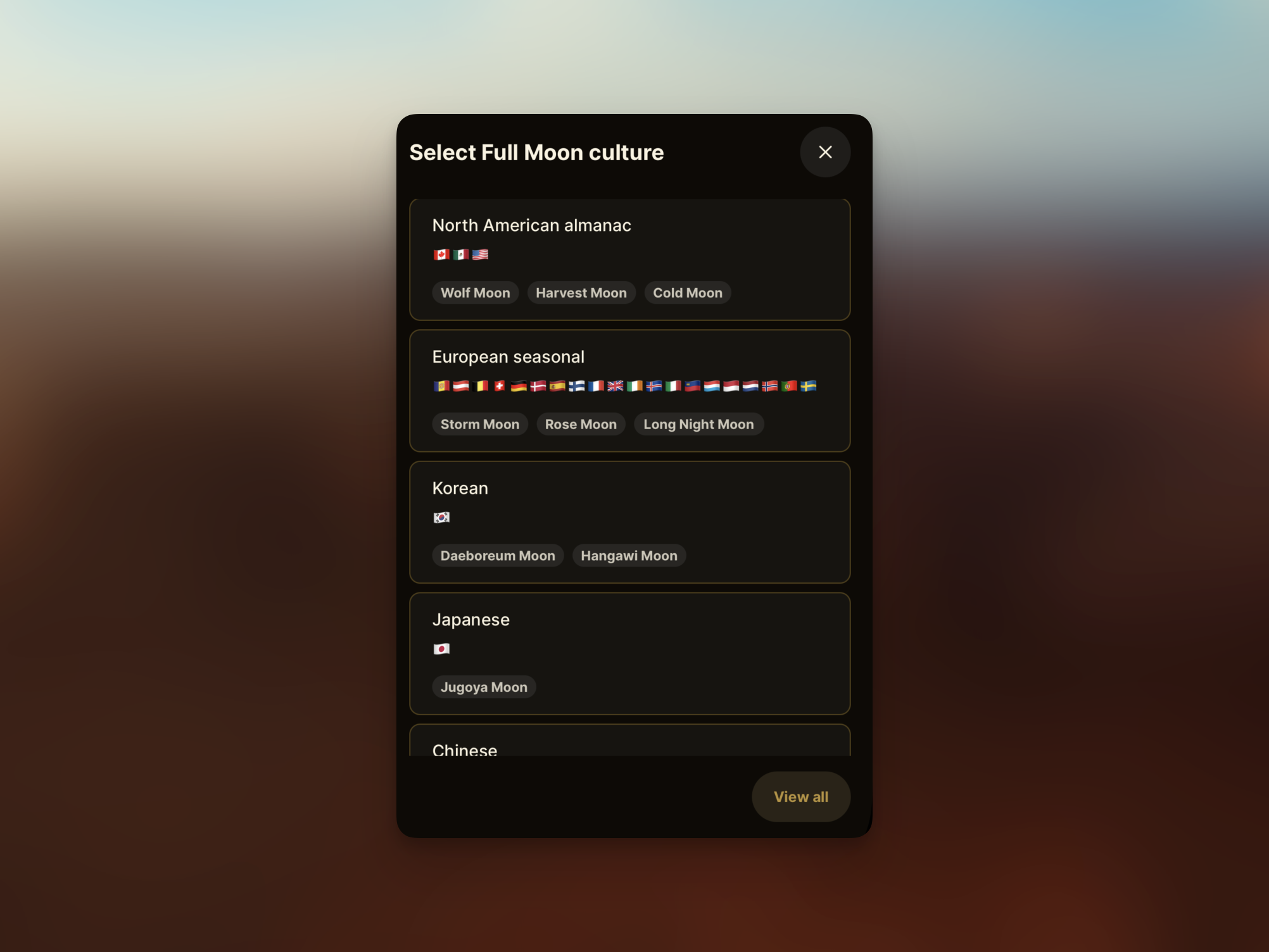 Cultural full Moon name list in Golden Horizon
