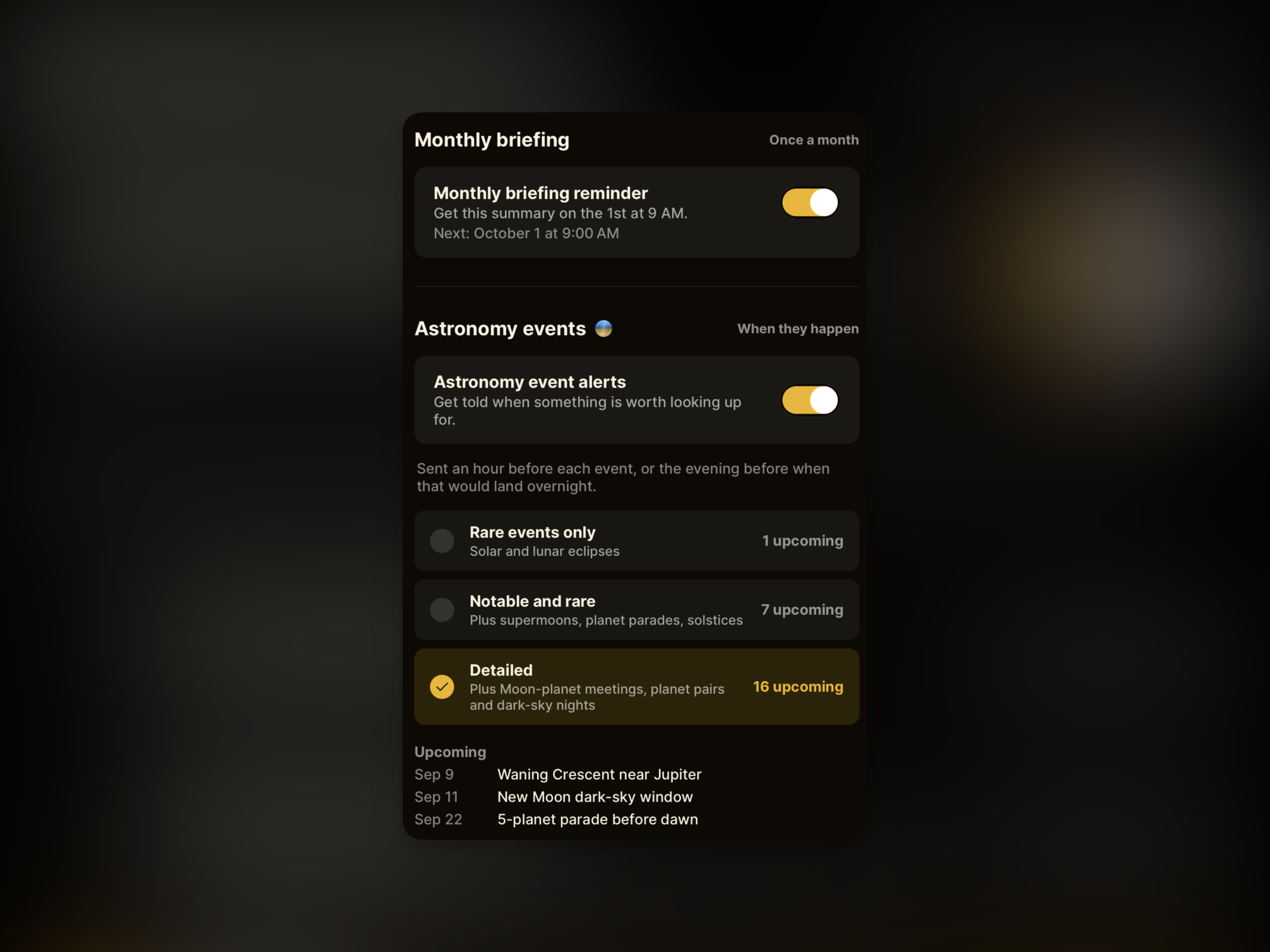Golden Horizon settings for astronomy event alerts and event coverage