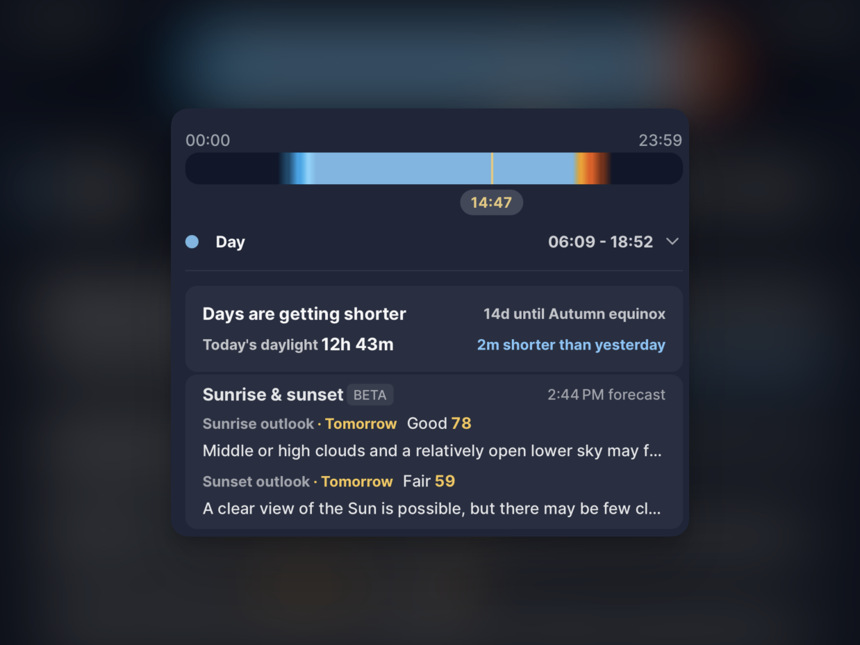 Golden Horizon showing tomorrow's sunrise and sunset viewing scores