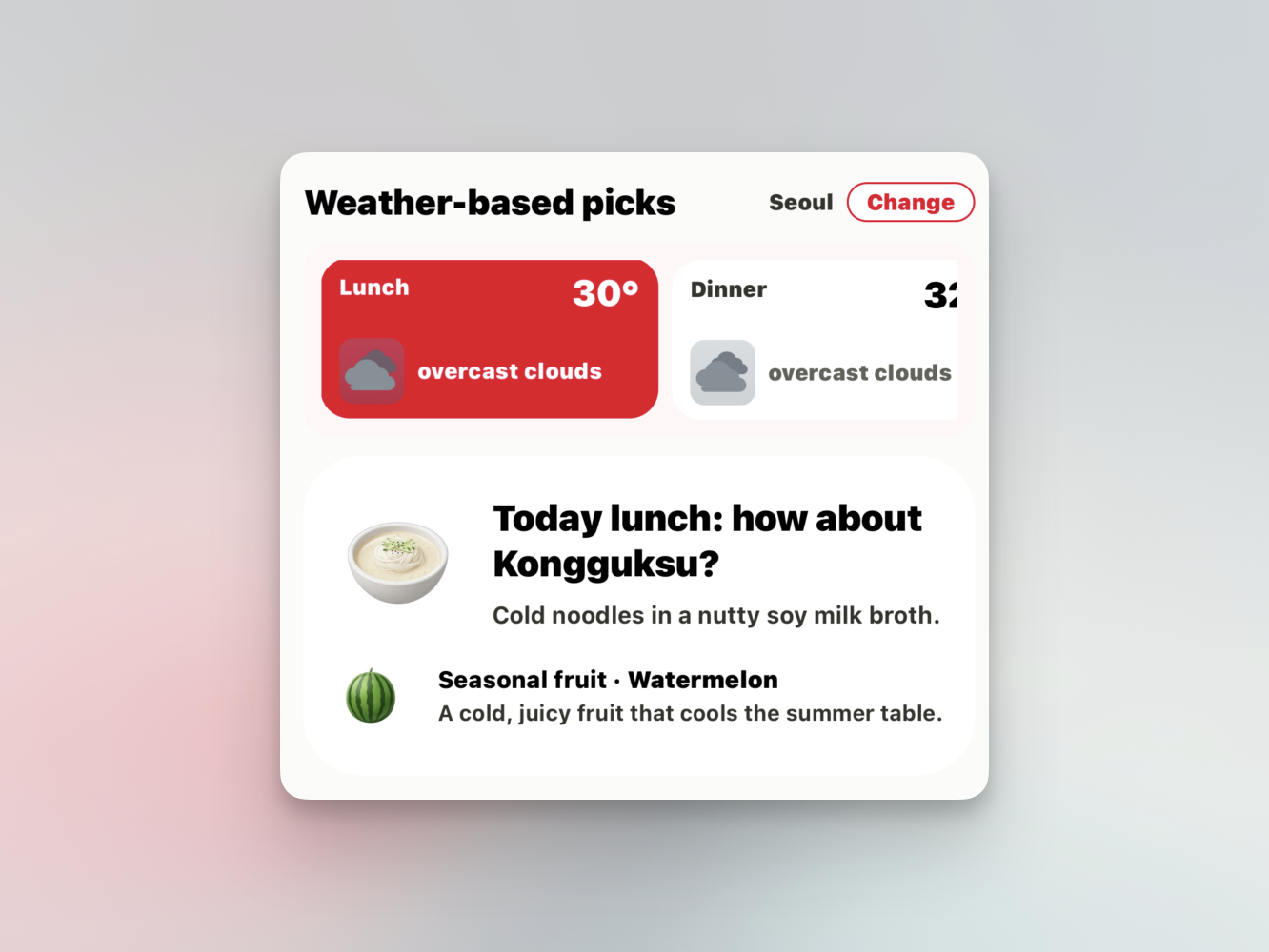 Omija weather-based recommendations for kongguksu and watermelon in Seoul