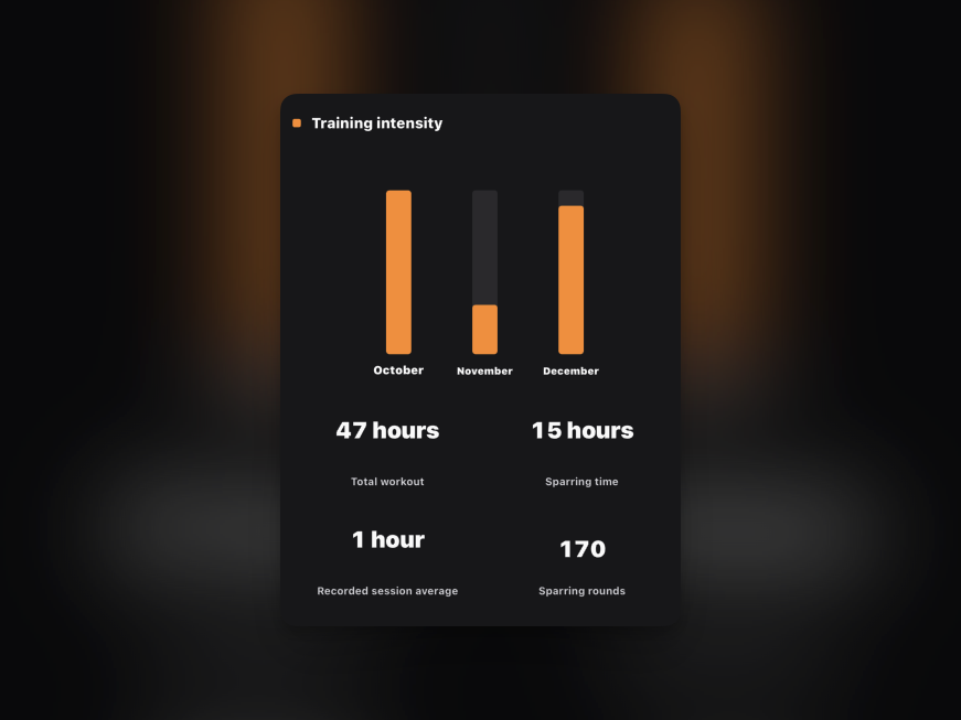 Training-time recap showing monthly training intensity, total training time, and sparring time