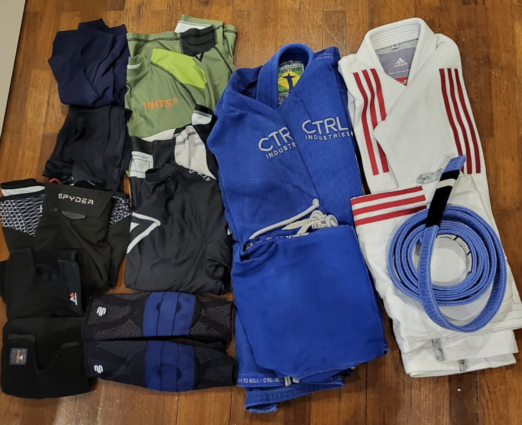 I packed 2 gis, 2 rash guards, 2 pairs of leggings, 2 pairs of knee pads, a belt, and no-gi pants.