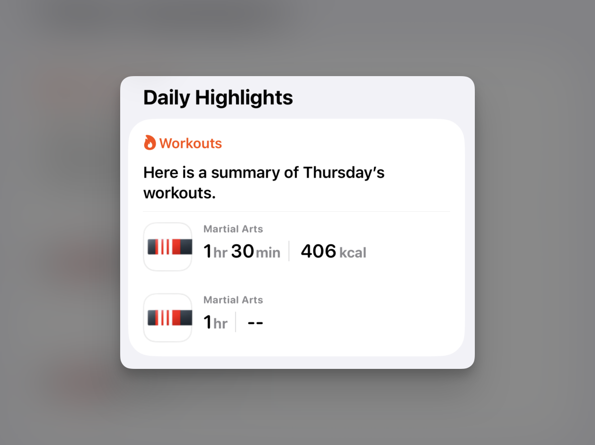Apple Health Today highlights showing two martial arts workouts with time and calories