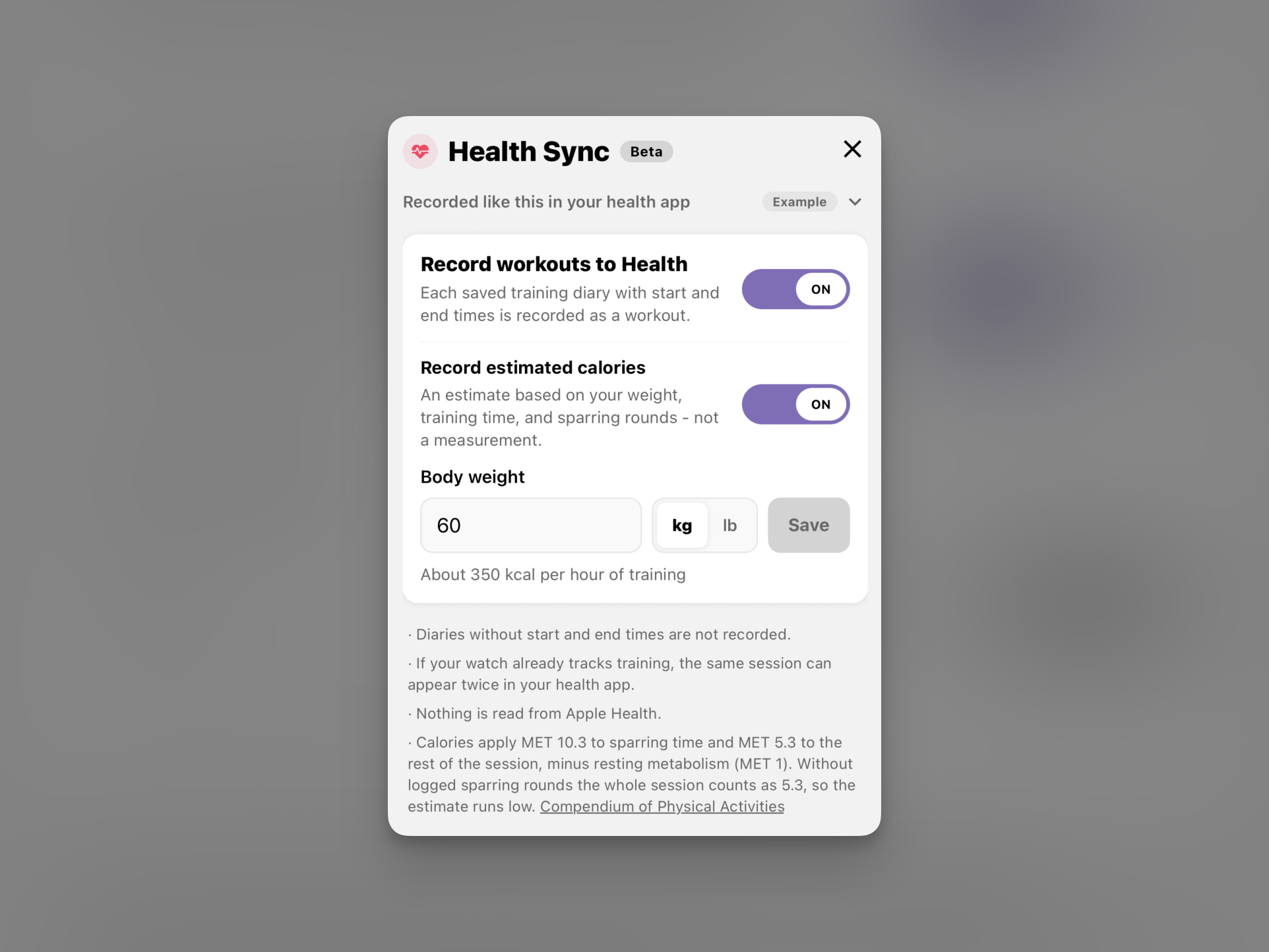 Health Sync screen in Post Black Belt for saving training journals to Health and setting estimated calories