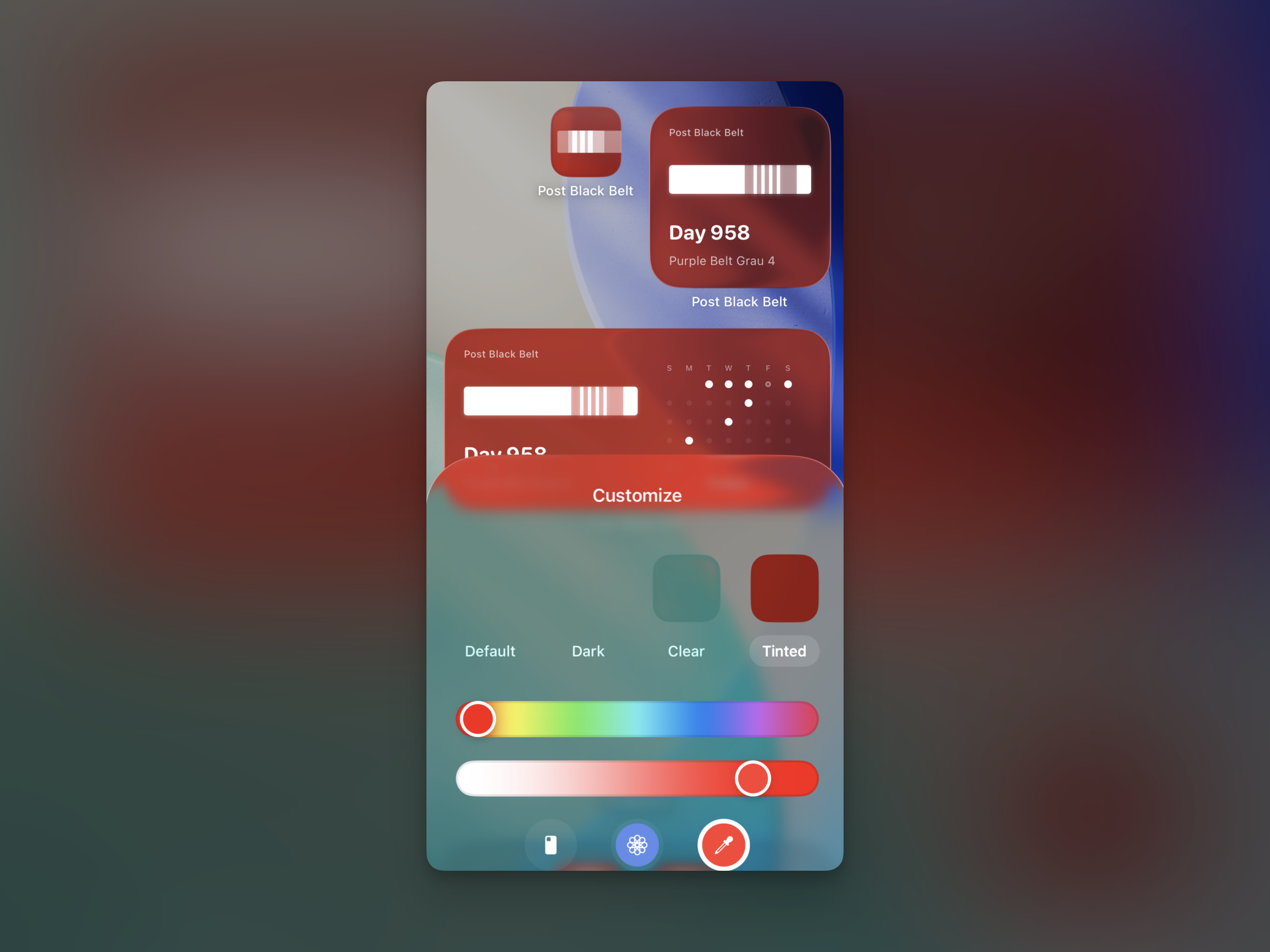 Post Black Belt app icon and widget with a tint applied in iOS tinted mode