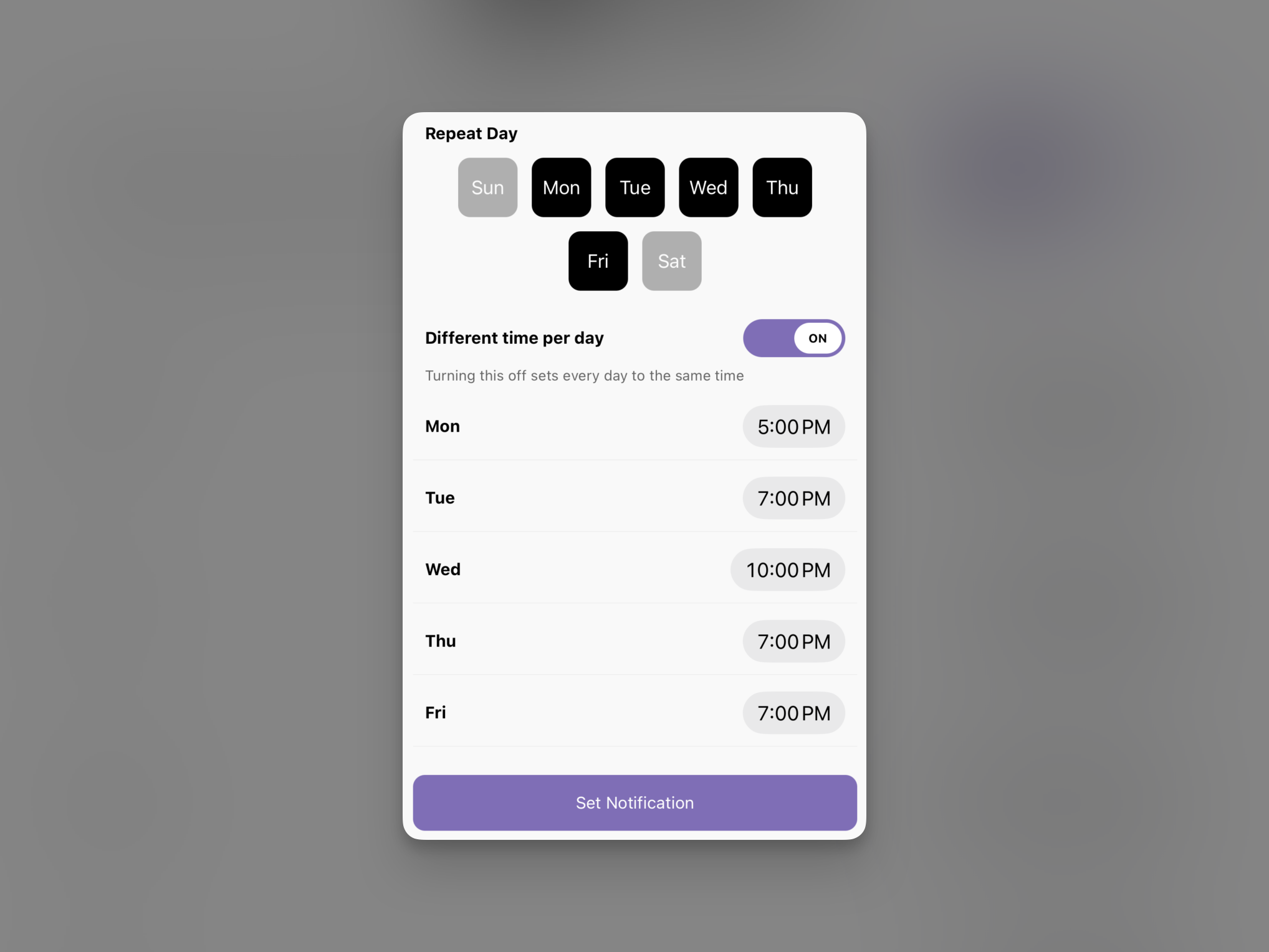 Post Black Belt screen for setting training alarm and Today’s Technique notification times by day of the week