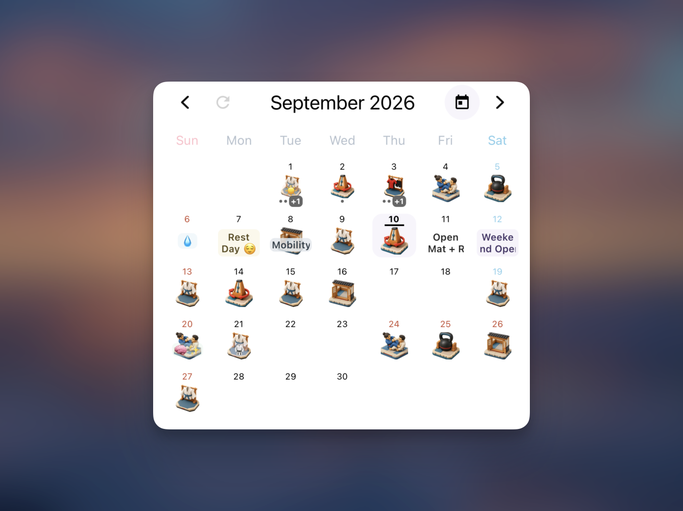 Post Black Belt monthly calendar decorated with colorful emoji stickers