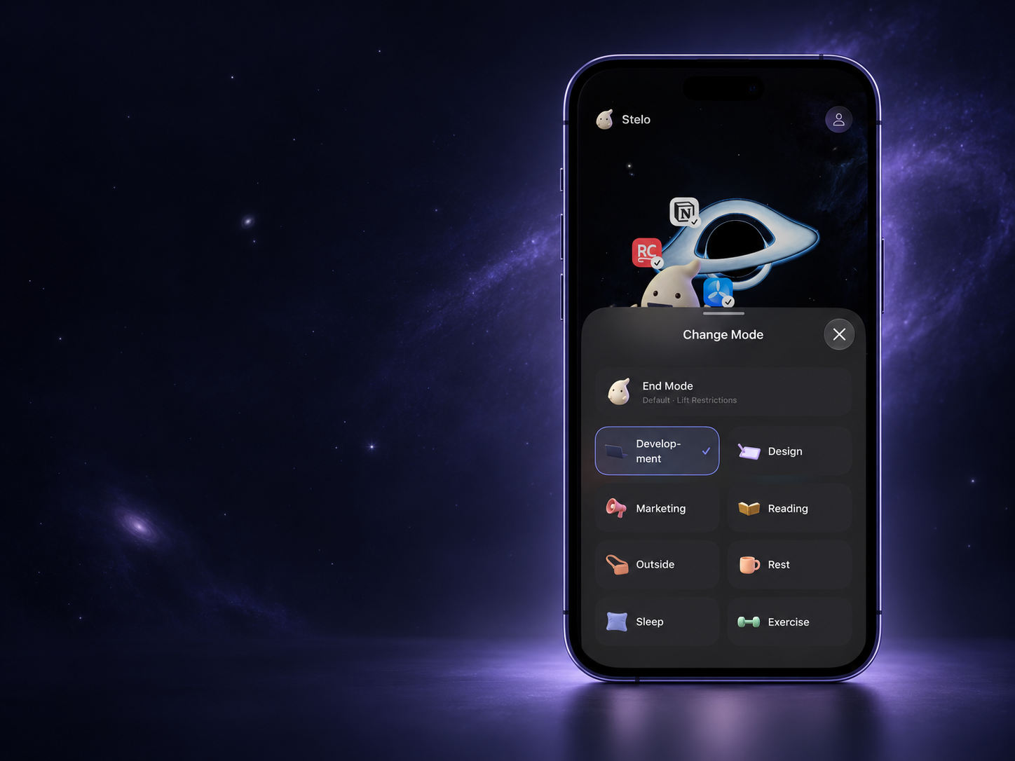 Stelo mode selector for switching between development and marketing