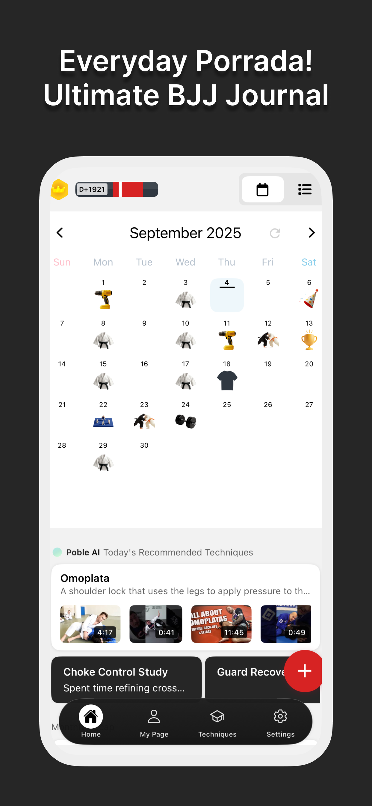 Post Black Belt: BJJ Journal screenshot showing key features